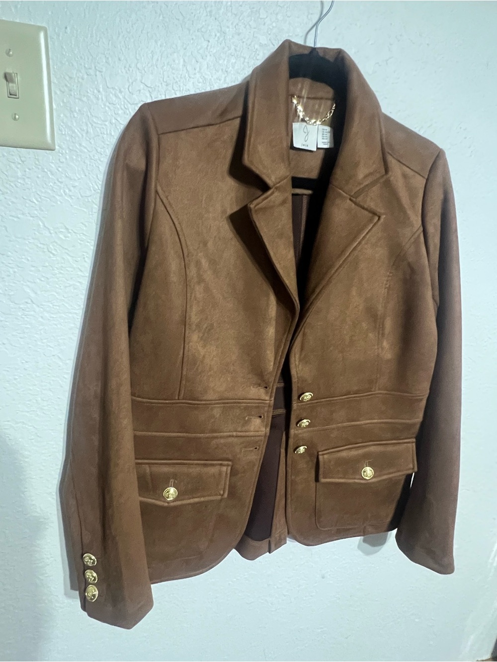 Brown Women's Suede Blazer Jacket with Gold Buttons